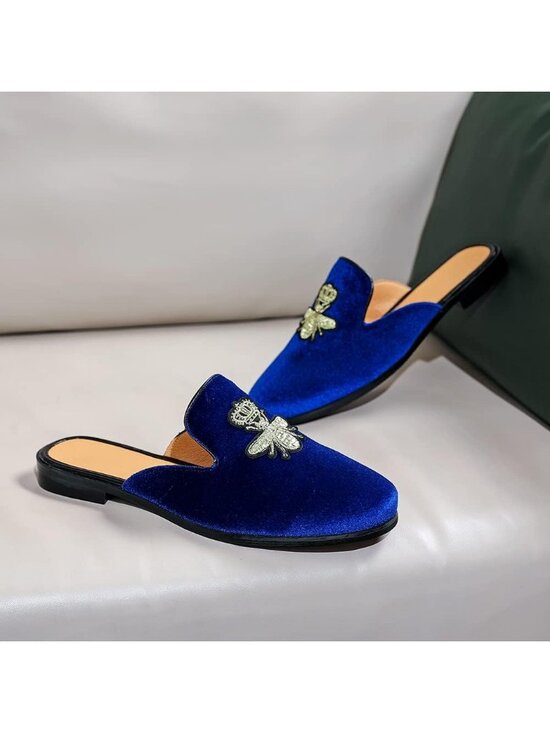 Men\'s Blue Rubber Sole Velvet Leather Crown Embroidery Slip On Loafer Slippers main image 6